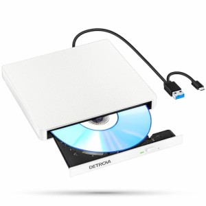 DETROVA 外付けDVD/CDドライブ DVDレコ CD/DVD-Rプレイヤー USB3.0&Type-C両用ケーブル Window/Linux/Mac OS対応 読み出し&書き込み エラ