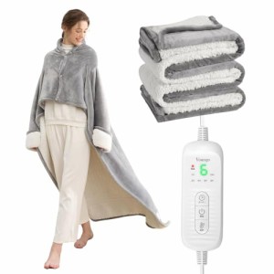 Voango 着る電気毛布 着るこたつ 電気ひざ掛け 肩掛け【袖付き・厚手】150x130cm 大判 フランネル+シープボア生地 電気ブランケット 6段