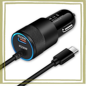 60W シガーソケットUSB C 急速充電器 TYPE Cケーブル付き 2ポート同時 車載充電器 PD30W+PD30W FODLOP 車 USB カーチャージャー 12V/24V