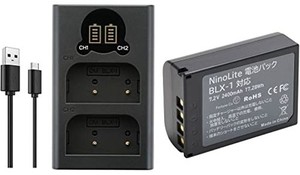 NINOLITE ２点セット BLX-1 対応バッテリー + USB型 デュアルバッテリーチャージャー、OM SYSTEM OM-1 対応 2400MAH 大容量バッテリーと