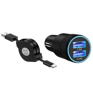 シガーソケット USB-C 急速充電 [3.4A/17W(1A+2.4A) ] 車 充電器 USB-AX2 車 充電器 シュガーソケット [60W 巻き取り式 USB-C 充電ケーブ