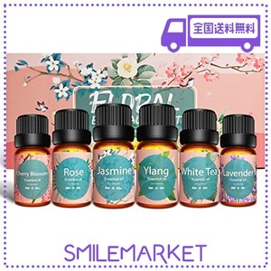 POVEN アロマオイル 6本セット エッセンシャルオイル 精油 ラベンダー/ローズ/桜/ホワイトティー/イランイラン/ジャスミン 10ML × 6本