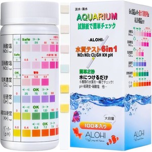 ALOHI(アロヒ)アクアリウム 水質検査 6IN1 水質検査キット リトマス紙 水槽 試験紙 硬度 硝酸塩 亜硝酸塩 炭酸塩硬度 塩素 PH (100本)