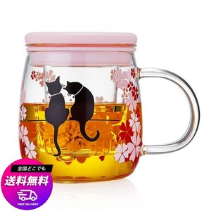 ポカロティー 耐熱ガラス茶こし付きマグカップ 透明 紅茶 温度で色が変わる桜猫カップ 和桜 春の日 桜満開 不思議な猫 幸せ 食洗機対応 