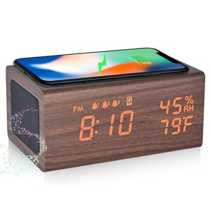 目覚まし時計 めざまし時計 スピーカー BLUETOOTH5.0 QIワイヤレス充電器 3組アラーム 木目 置き時計 デジタル時計 卓上時計 湿度 温度計