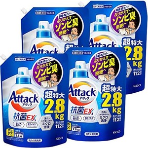 【ケース販売】デカラクサイズ アタック抗菌EX 洗濯洗剤 液体 洗ってもぶりかえすゾンビ臭断絶へ! つめかえ用 2800Ｇ×4個 大容量