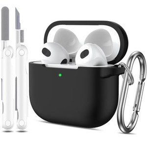 R-FUN AIRPODS 第3世代ケースカバー クリーナーキット付き、APPLE AIRPODS 3 2021用キーチェーン付きソフトシリコン保護ケース ブラック