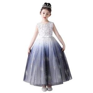 [KAYIYASU] 子供 ロングドレス ピアノ発表会 女の子 ドレス ジャンパースカート スパンコール グラデーション 丸ネック リボン チュール 