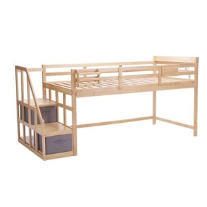 【収納ボックス2個付き】OSJロフトベッド ロータイプ シングルベッド 天然木 コンセント付き 頑丈 階段 パイン材 収納 シングル 宮付き 
