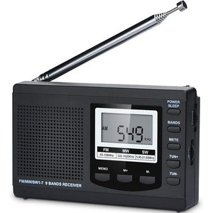 HANRONGDA 防災ラジオ 小型 短波/AM/FM/ワイドFM対応 電池式 携帯高感度 60局メモリー デジタル時計とスリープタイマーとアラーム機能付