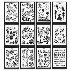 ステンシルシート 描画 手帳用 文字 数字 花柄 植物 フルーツ テンプレート 絵描き道具 塗り絵 DIY 面白い プレゼント 人気 (絵)