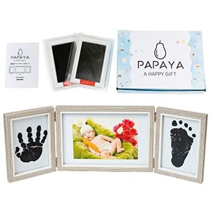 PAPAYA ベビーフォトフレーム手形足形 (３連式 手形 足形 記念品 ギフト 出産祝い 内祝い 写真立て 可愛い化粧箱 赤ちゃん) 失敗しても安