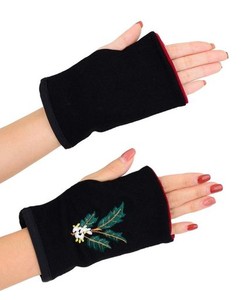 [SANDAI] 〔サンダイ〕 可愛い 花刺繍 ウール 日本製 ミテーヌ 指なし 手袋 ポインセチア ヒイラギ タンポポ スミレ (ヒイラギ（ブラック