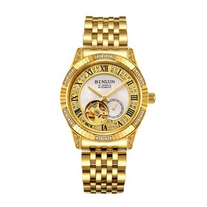 BINLUNメンズ腕時計自動機械式 両面 スケルトン ゴールドウォッチ自動巻き メンズ腕時計 男性用18K金メッキ高級腕時計(セミスケルトン)