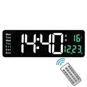 デジタル壁掛け時計 大型ディスプレイ 16インチ LEDデジタル時計 リモコン付き リビングルーム装飾 自動輝度調光 日付 週 温度 USB給電 