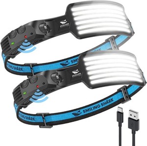 TD-0123 SMILING SHARK 充電式 LED ヘッドライト, 【2023年最新款・PSE？？・白光2個セット】 USB充電可能 6 倍高輝度アウトドアヘッドラ