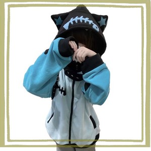 [XHSUKADO] 猫耳 パーカー 2点セット ジップアップ 刺繍 地雷系 レディース 服 メンズ 水色系統 取り外し可能 フード 長袖 春 秋 冬 トッ