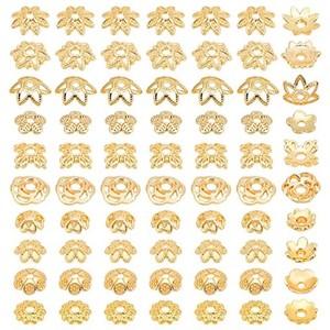 PH PANDAHALL ビーズ 座金 花座 ビーズキャップ 14Kゴールドメッキ 約100個 花型 10種 透かしキャップ スペーサービーズ ジュエリー メタ