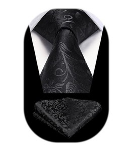[HISDERN] ネクタイ 黒 メンズ ネクタイ チーフ セット 花柄 フォーマル ビジネス用 ブランド品 冠婚葬祭 礼服用 葬式用 定番