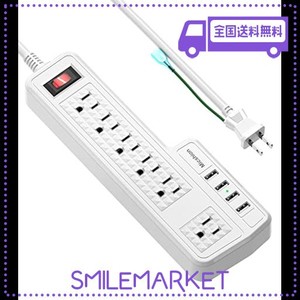 MICSHION USB電源タップ コンセント 個別スイッチ 6AC充電口（110-240V）＋4USBポート（3.4A/5V）壁取付用固定フック 急速充電可能 雷ガ