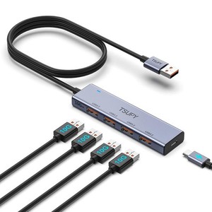 10GBPS USB3.2ハブ5ポート,TSUPY USB 3.2 GEN 2 ハブ 120CM延長ケーブル アルミ製 USB-A 3.2*4 ポート拡張 USB増設 セルフパワーとバスパ