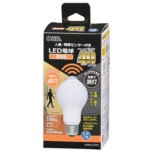 オーム電機 LED電球 E26 40形相当 人感明暗センサー付 電球色 人感センサー 40ワット相当 自動点灯 玄関 トイレ 廊下 階段 LDA5L-G R51 0