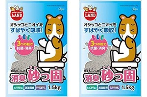 マルカン 小動物用（ハムスター・リス・テグー・モモンガ）トイレ砂 消臭砂っ固 1.5KG × 2袋セット （開封口止め用シリコン輪ゴム付き）