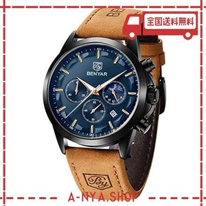 腕時計 メンズ benyar マルチカレンダー、クロノグラフ、ビジネス フォーマル メンズ 革ベルト、アナログ腕時計、防水とスクラッチ耐性