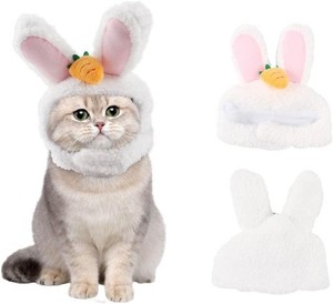 LIROYAL 猫 ペット帽子 うさぎの耳 可愛い人参付き 被り物 ウサギ かぶりもの 変身 猫用帽子 着脱が簡単 ベルクロ 調整可能な でかわいい