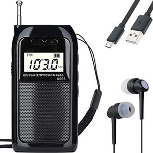 HANRONGDA ポケットラジオ 小型 充電式 MP3プレーヤー AM/FM/ワイドFM対応/短波 高感度 90局自動メモリー/デジタル時計/目覚まし時計/ス