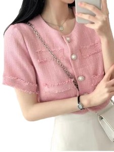 [KOREARU] 韓国ファッション半袖ツイードジャケット レディース アウター ノーカラージャケット 韓国服 ショートジャケット 夏アウター (