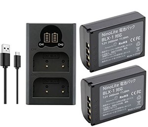 NINOLITE ３点セット BLX-1 対応バッテリー２個 + USB型 デュアルバッテリーチャージャー、OM SYSTEM OM-1 対応 2400MAH 大容量バッテリ