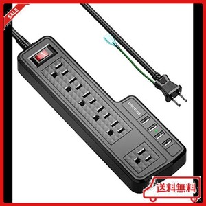 MICSHION USB電源タップ コンセント 個別スイッチ 6AC充電口（110-240V）＋4USBポート（3.4A/5V）壁取付用固定フック 急速充電可能 雷ガ