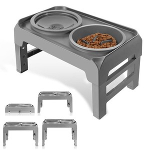 SCHITEC ペットボウル フードボウル 食器台 スタンド 【グレー・4段階調節・小中大型犬・猫用・ボウルと給水器付き】高度調節可能 早食い