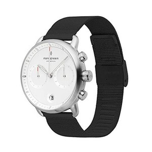 NORDGREEN[ノードグリーン]PIONEER 北欧デザイン腕時計 メンズのシルバー の42MM クロノグラフ ホワイト 文字盤 ブラック メッシュ 腕時