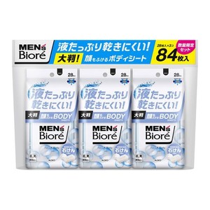 メンズビオレ【まとめ買い】顔もふけるボディシート 清潔感のある石けんの香り 28枚入×3個 破れにくい ・ 乾きにくい ・ 丸まりにくい 