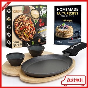 TORTILLADA - 10インチ 鋳鉄製ファヒータ フライパン/グリルパンセット(ファヒータ用) -木製配膳用トレイ+セラミックディップボウル2個付