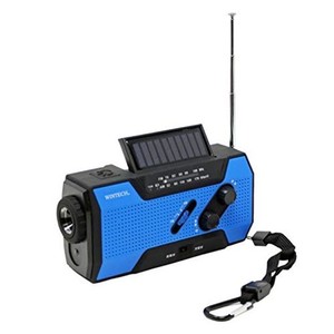 WINTECH 防滴手回し充電 FM/AMポータブルラジオ KDR-201CWP LEDライト搭載 ブルー 携帯充電（MICROUSBケーブル、タイプCアダプタ付属） 