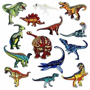 【TERA】 恐竜 ワッペン 14点セット パッチ アイロン アップリケ ワンポイント 刺繍 可愛い 簡単取付 （恐竜14点）