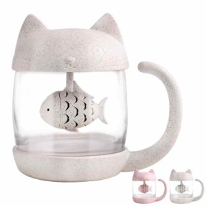 猫カップ 茶こし付きティーマグ キャット コーヒーマグ コーヒーカップ（ガラス製マグカップ、蓋、茶漉し付） (白)