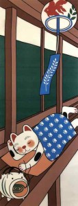 手ぬぐい てぬぐい お昼寝 福招き猫 捺染てぬぐい 福猫 プリント手拭 日本製 縁起物 縁側 旅行 夏休 ヤギセイみ
