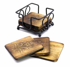 StonKraft-木製ティーコーヒーコースター/錬鉄ホルダー付きの素朴なヴィンテージ風コースターセット(wooden tea coffee coasters)