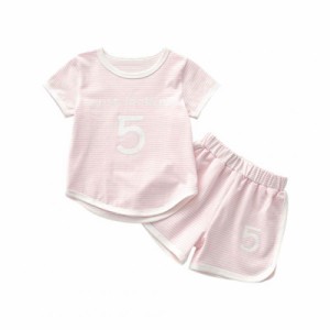 [LittleSpring] 夏 キッズ 男の子 女の子 半袖 セットアップ ボーダー ｔシャツ ショートパンツ リラックス 部屋着 パジャマ (ピンク, 10