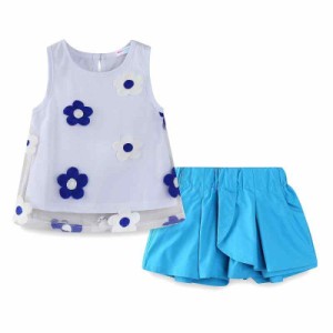 [LittleSpring] 夏 ガールズ 女の子 チュール 花柄刺繍 袖なしトップス＆キュロットスカート セットアップ (120, ブルー)