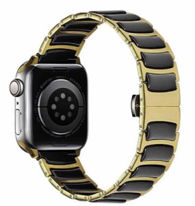 MaKTech セラミックバンド、薄型ステンレス象嵌セラミックベルト、Apple Watch 9/Ultra 2/SE/8/7/2023に対応 (41mm/40mm, ゴールド/ブラ