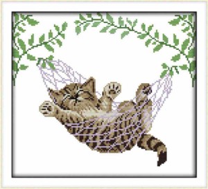 クロスステッチ刺繍キット Awesocrafts かごの中の猫 図柄印刷 DIY 初心者ホームの装飾 Cross Stitch (猫 1)