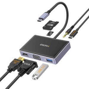 USB-C ハブ、iDsonix 7-in-1 USB C ハブ アダプター、4K HDMI、VGA、100W 充電、USB 3.0 5Gbps データ ポート、3.5mm オーディオ、Dell/H