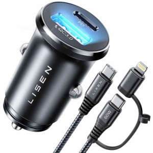 LISEN シガーソケット usb-c 急速充電 pd36W&qc3.0対応 車載充電器 iphone2in1 充電ケーブル/軽量/全金属/耐久性車 携帯充電器 カーチャ