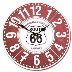 アメリカンウォールクロック 時計 34cm (ルート66 赤 A005) 壁掛け時計 ROUTE66 大きい ヴィンテージ風 ガレージ バイク かっこいい おし