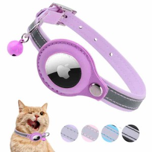 AirTag 猫首輪、調節可能な反射GPS猫用首輪、一体型Apple Airtag 子猫首輪、エアタグホルダーとベル付き 子猫 子犬 (パープル)